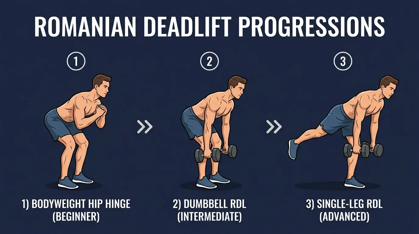 Romanian deadlift progression path from bodyweight hip hinge to dumbbell Romanian deadlift to single-leg Romanian deadlift