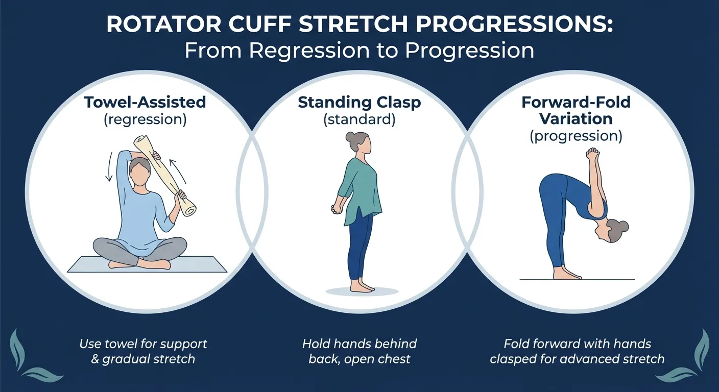 Rotator cuff stretch progressions from towel-assisted shoulder stretch to clasped-hands stretch and forward-fold variation