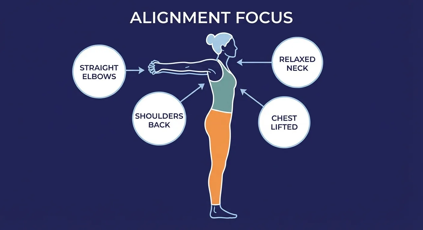 Rotator cuff stretch proper form with clasped hands behind the back, straight elbows, open chest, and relaxed shoulders