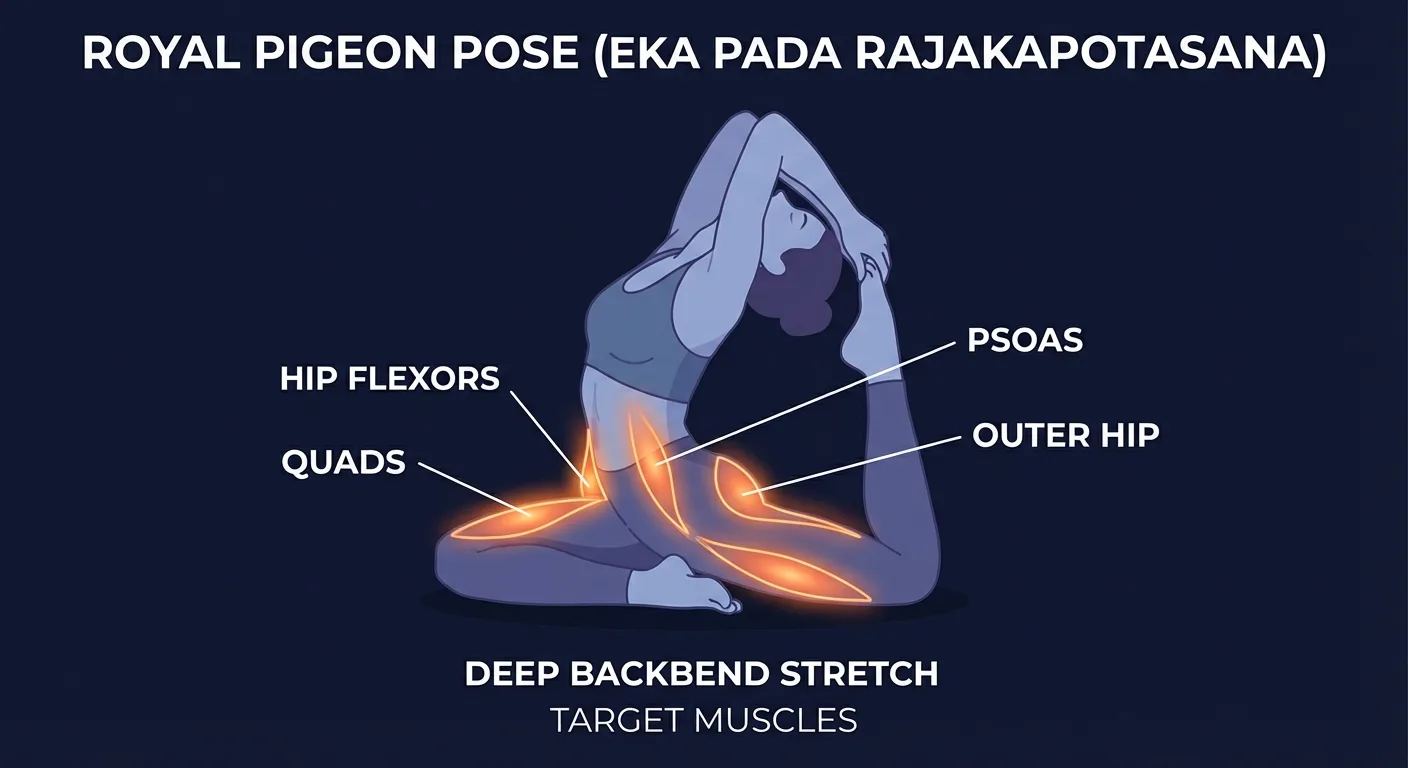 Royal pigeon pose muscles engaged and stretched: hip flexors, quadriceps, psoas, glutes, piriformis, spinal extensors, chest, and shoulders