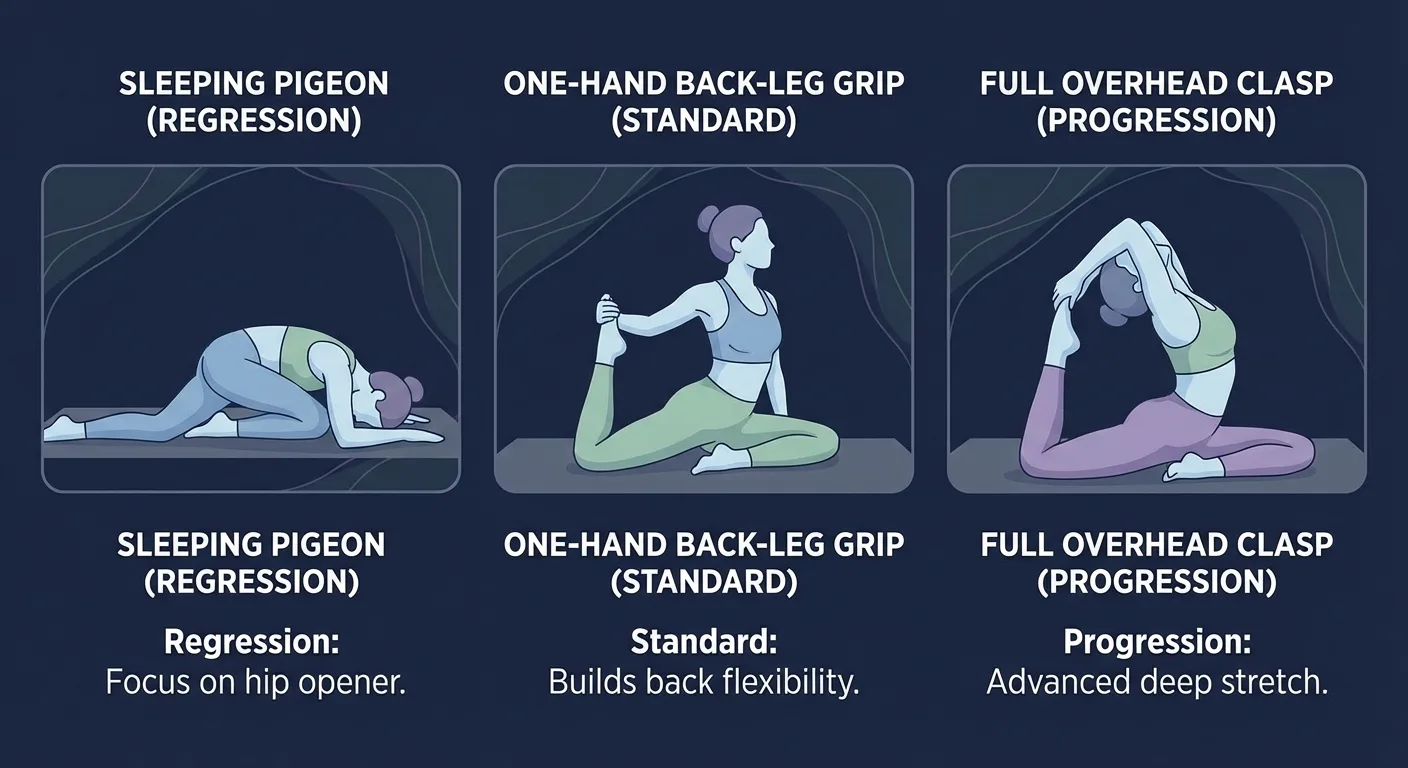 Royal pigeon pose progressions from supported pigeon to strap-assisted back-leg grip to full overhead clasp