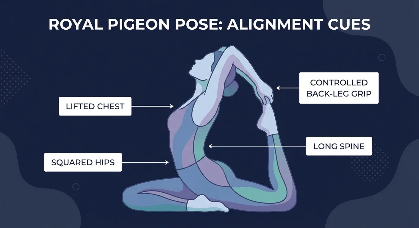 Royal pigeon pose proper form with squared hips, lifted chest, bent back leg, strap option, and controlled backbend