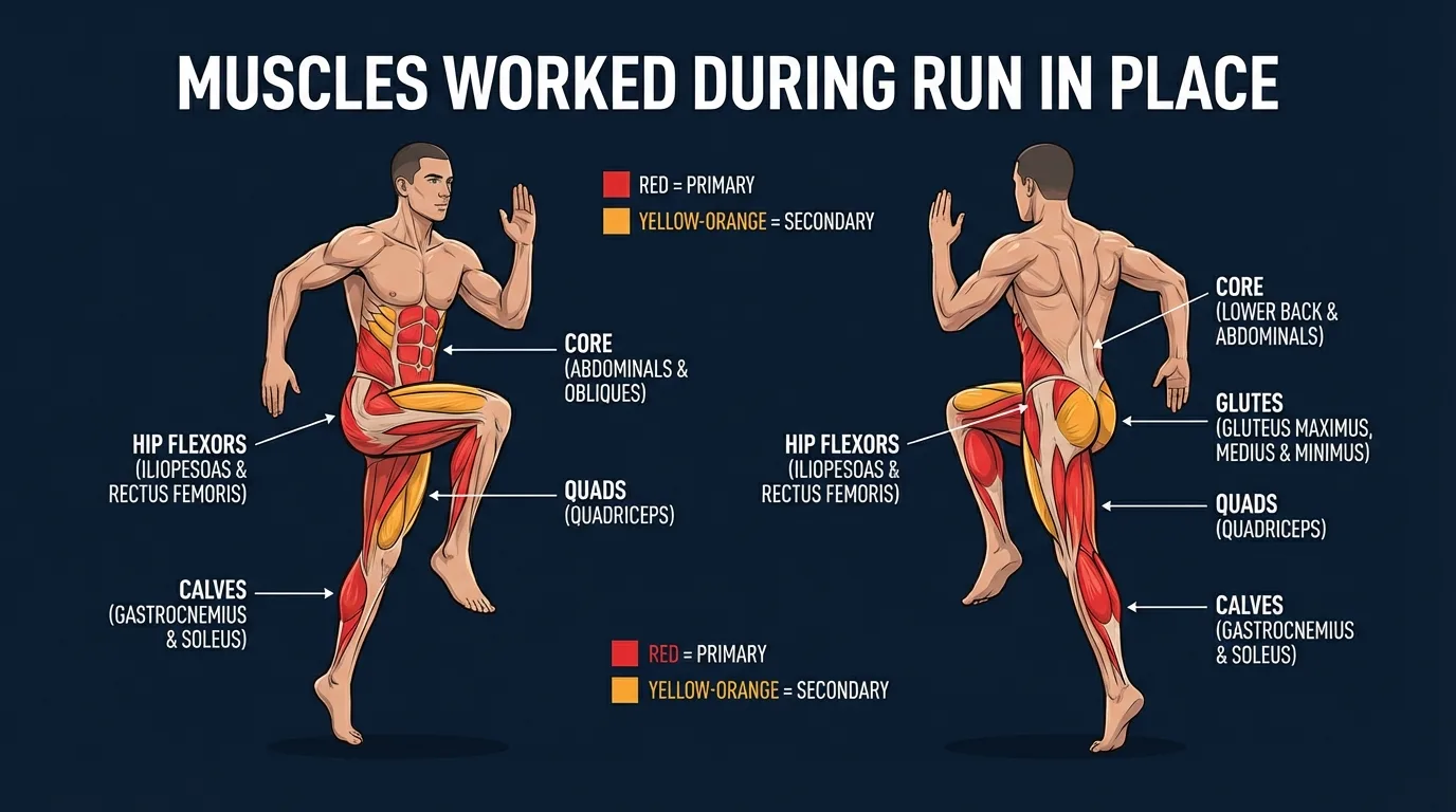 Run in place muscles and systems worked: hip flexors, quadriceps, calves, ankle stabilizers, core, heart, lungs, and energy systems