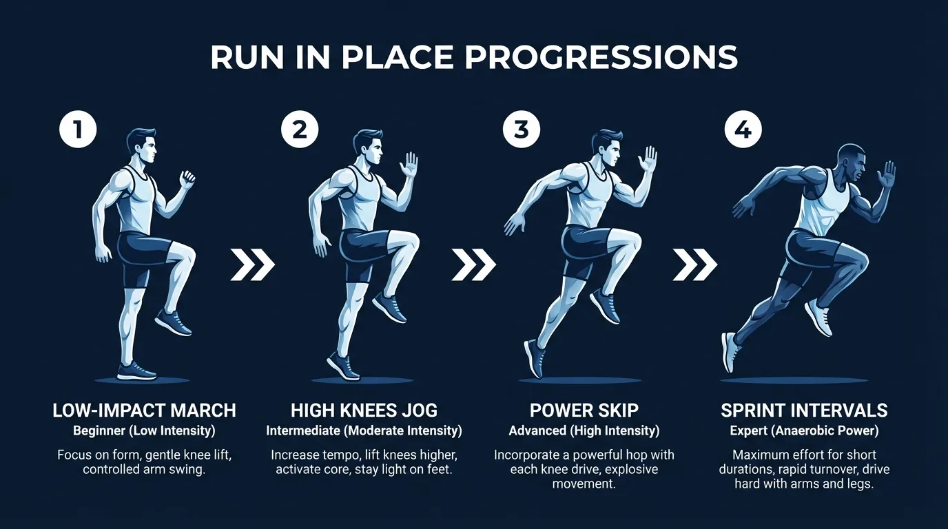 Run in place progressions from marching in place to slow jogging, high knees, and sprint intervals