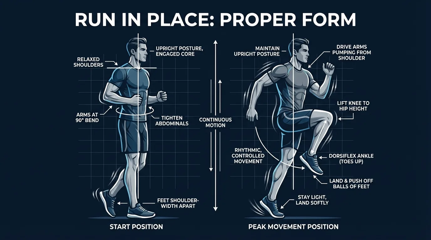 Run in place proper form: upright torso, natural knee drive, relaxed arm swing, and soft ball-of-foot landing