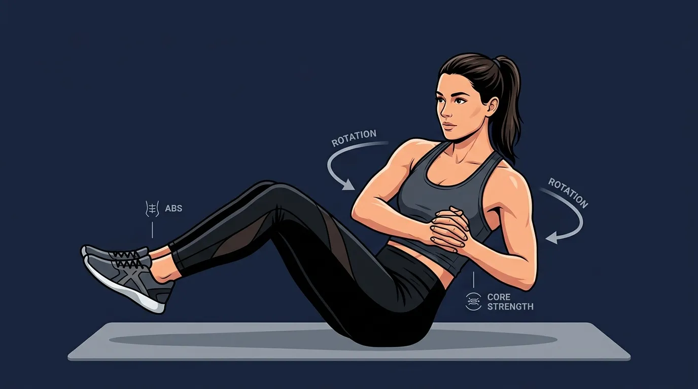 Russian twist proper form: seated lean with chest lifted, neutral lower back, braced abs, and controlled rib-cage rotation from side to side