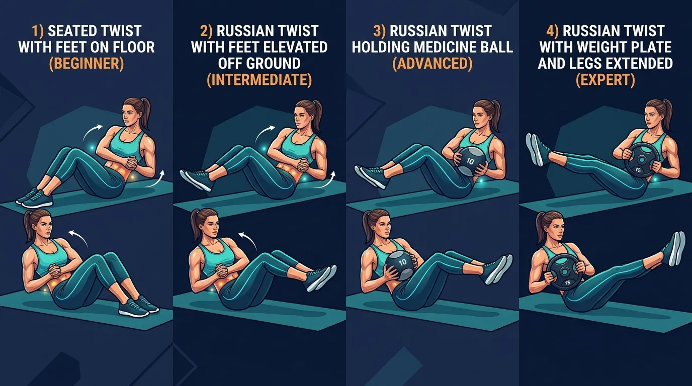 Russian twist progressions from feet-down bodyweight reps to feet-elevated and light weighted variations with controlled torso rotation