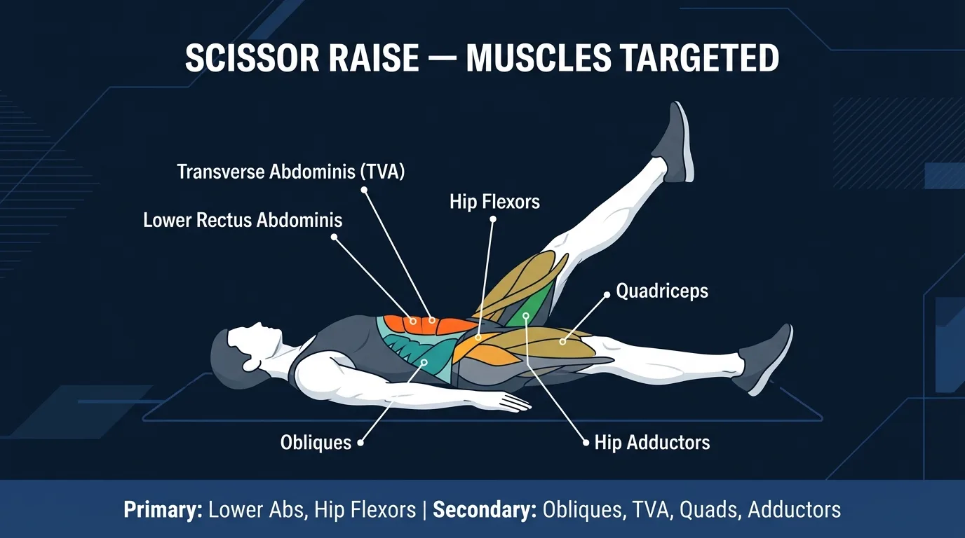 Scissor raise muscles targeted: rectus abdominis and hip flexors as primary movers with obliques, transverse abdominis, quadriceps, and adductors assisting