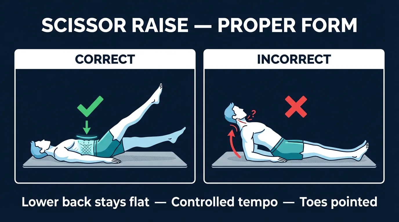 Scissor raise proper form showing a supine position with lower back pressed into the floor, one leg raised, and the other hovering above the mat