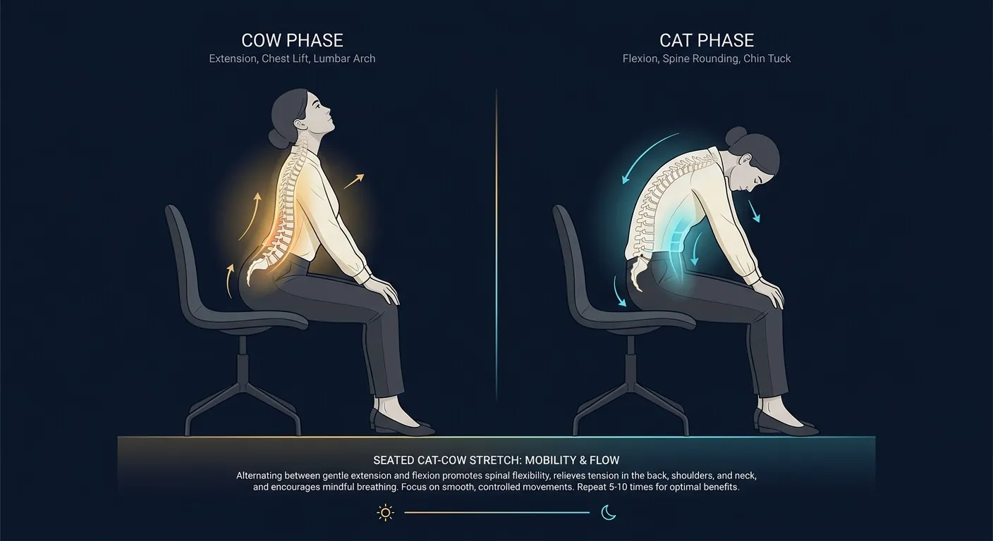 Seated cat cow areas stretched and mobilized: erector spinae activates in cow (arch) and stretches in cat (round); rectus abdominis activates in cat and stretches in cow; spinal column moves through full sagittal range