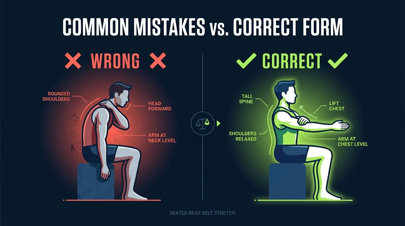 Seated rear delt stretch progression comparison showing hunched high-arm setup versus tall posture with the arm crossing the chest