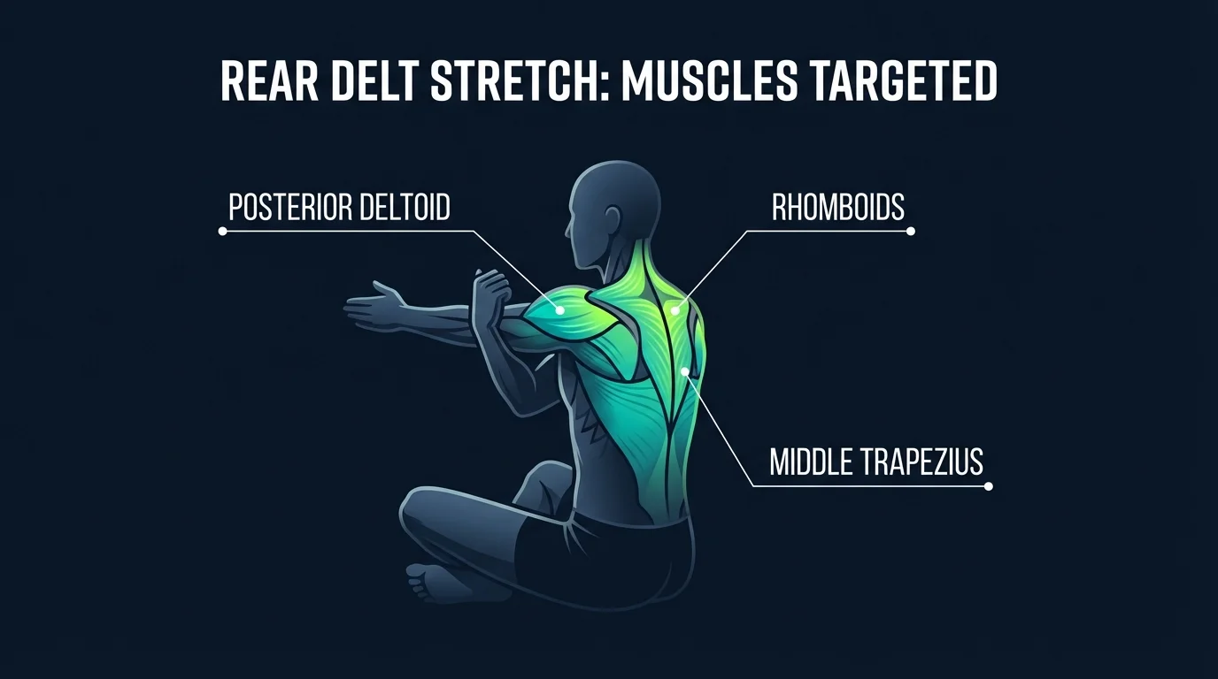 Seated rear delt stretch muscles targeted with posterior deltoid, rhomboids, middle trapezius, and infraspinatus highlighted during a cross-body shoulder stretch