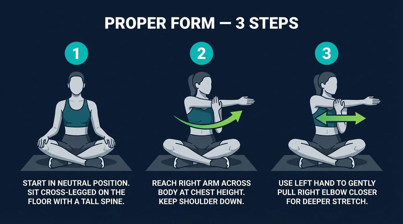 Seated rear delt stretch proper form showing tall posture, arm crossing horizontally at chest level, and opposite hand pressing above the elbow