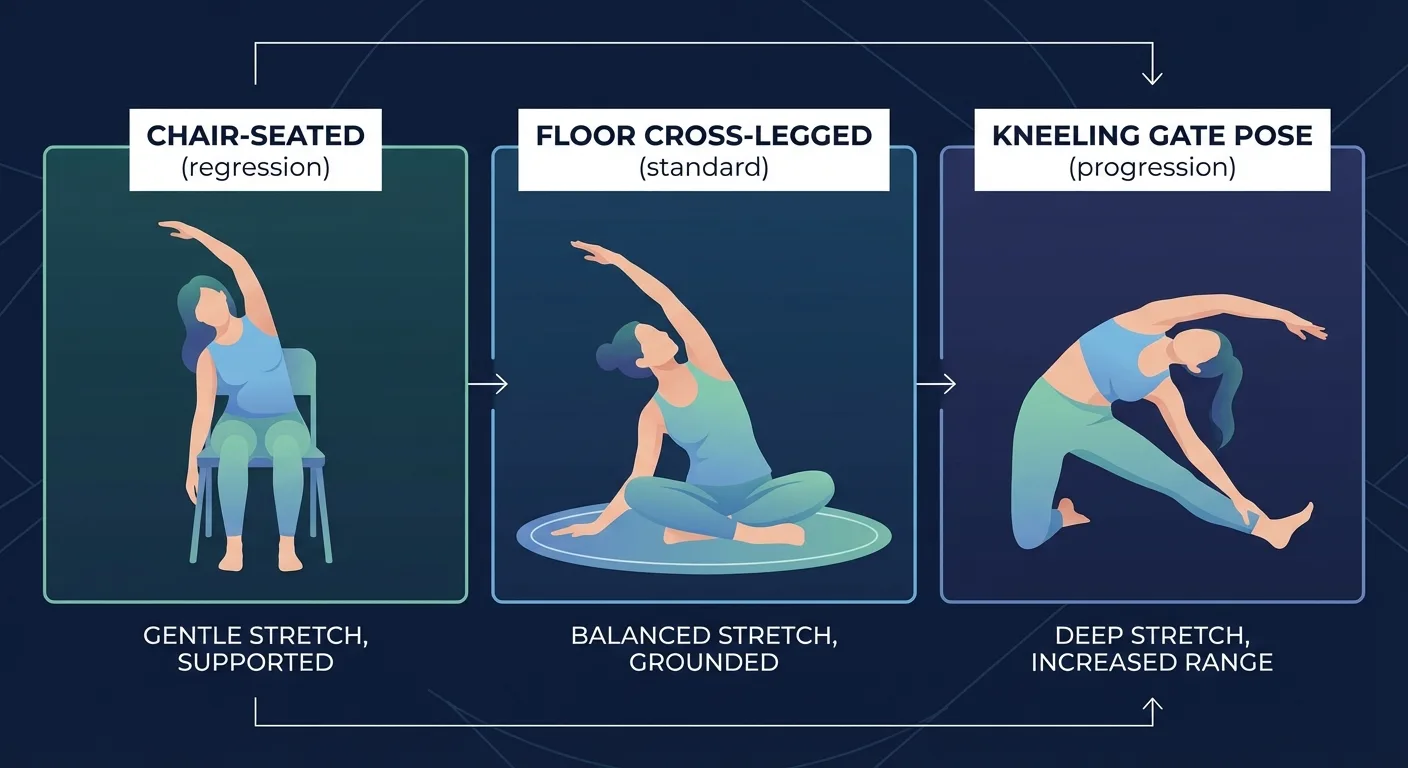 Seated side bend progressions from chair-seated regression to floor-seated standard and single-leg extended variation