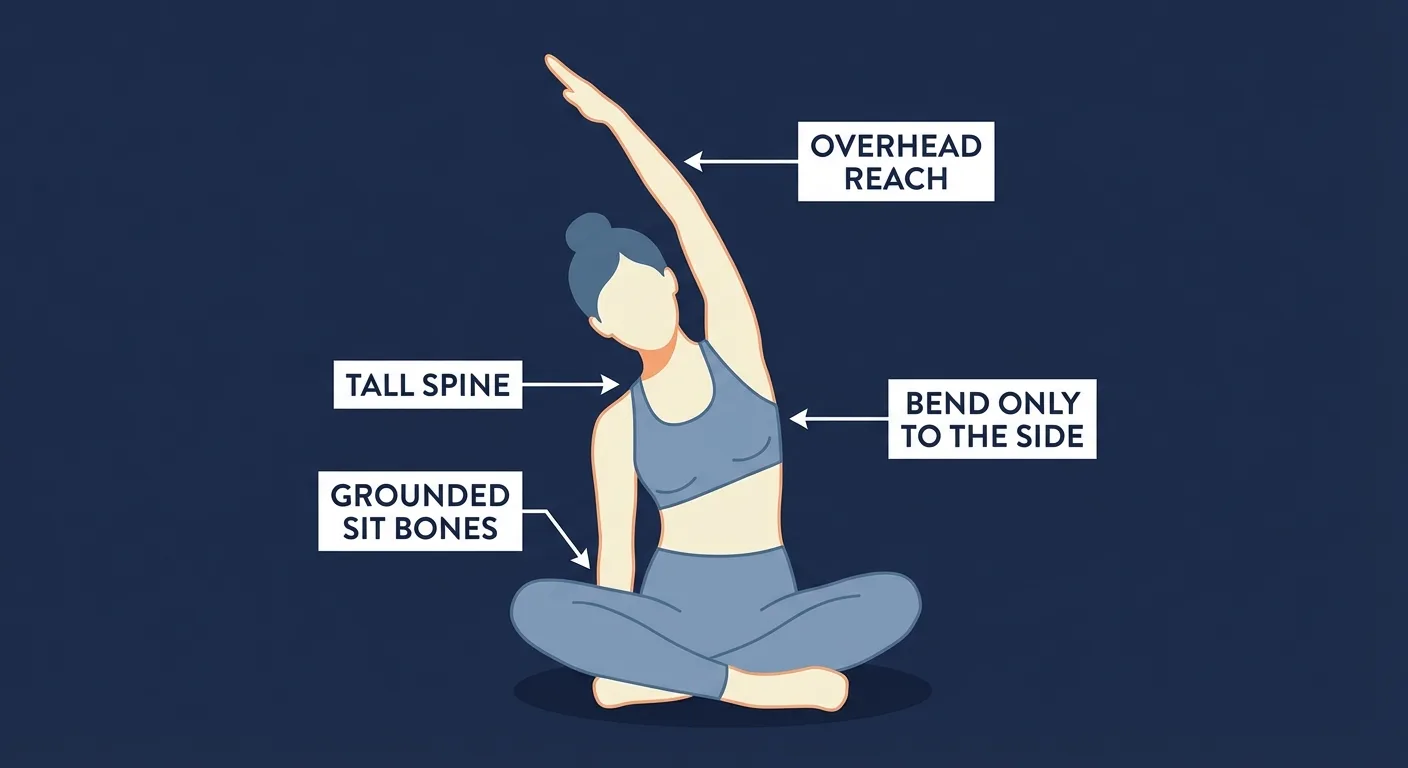 Seated side bend proper form with grounded sit bones, tall spine, overhead reach, and a clean sideways bend