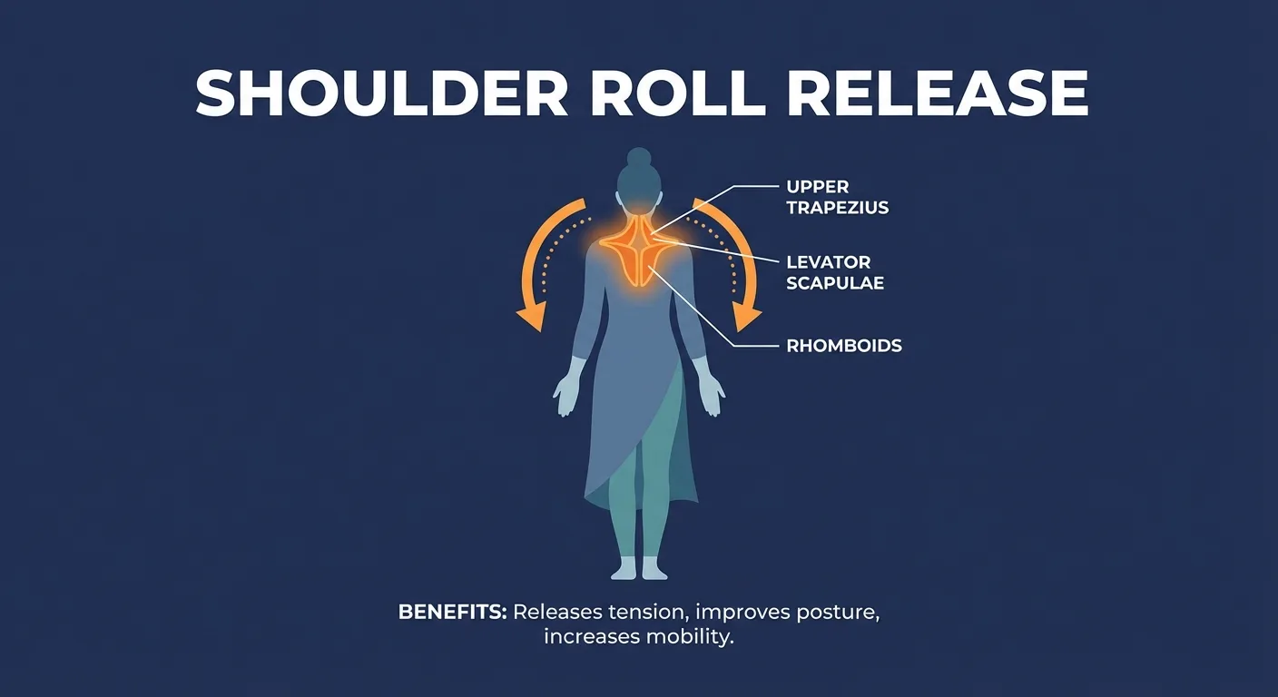 Shoulder rolls muscles mobilized: upper trapezius, levator scapulae, rhomboids, serratus anterior, and rotator cuff moving the shoulder blades through a controlled circle