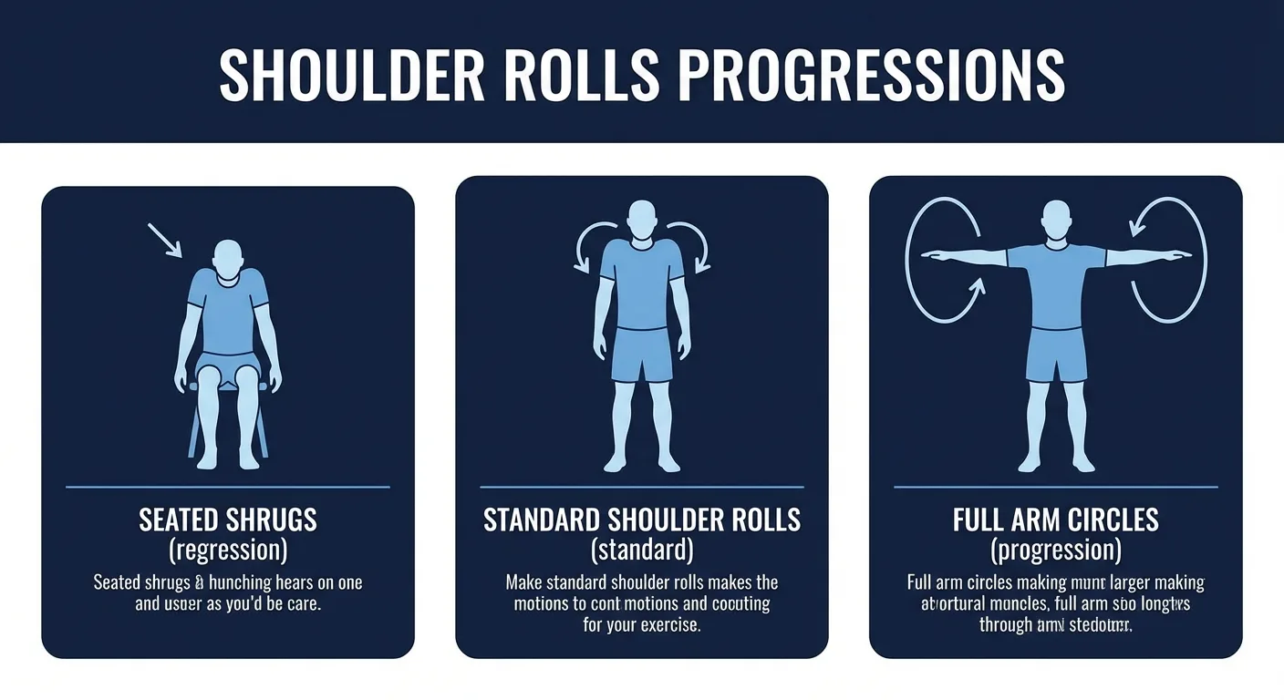 Shoulder rolls progressions from seated small circles to standing shoulder rolls, paused shoulder rolls, and arm circles