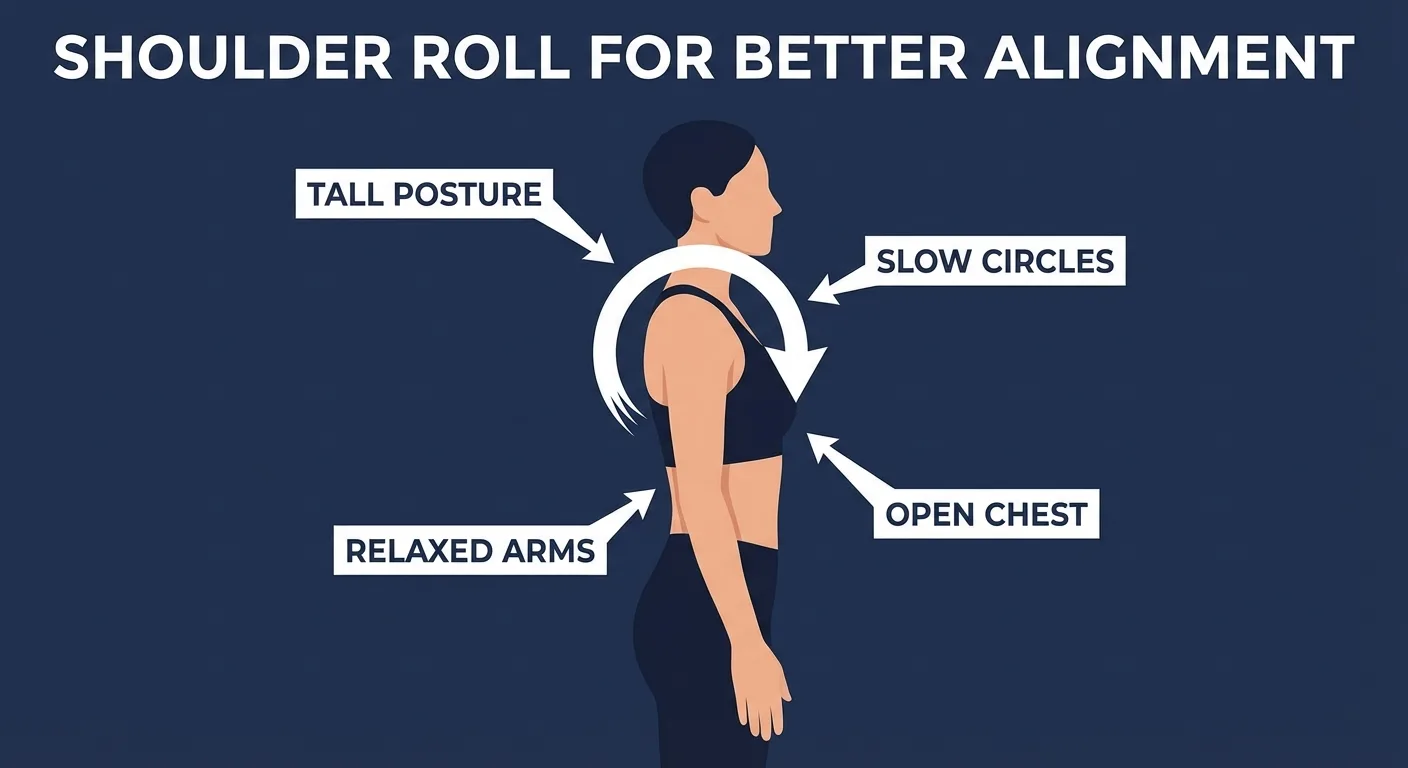 Shoulder rolls proper form showing tall posture, relaxed arms, steady breathing, and a slow shoulder-blade circle without neck tension