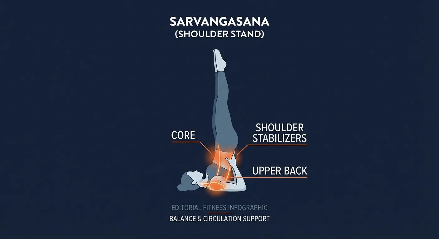 Shoulder stand pose muscles engaged: deep neck stabilizers, shoulder girdle, upper back, abdominals, glutes, quads, and hamstrings supporting an inverted line