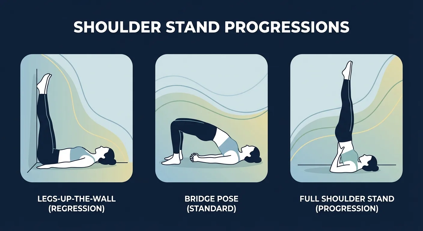 Shoulder stand pose progression path from legs-up-the-wall to supported half shoulder stand, blanket-supported shoulder stand, and advanced variations