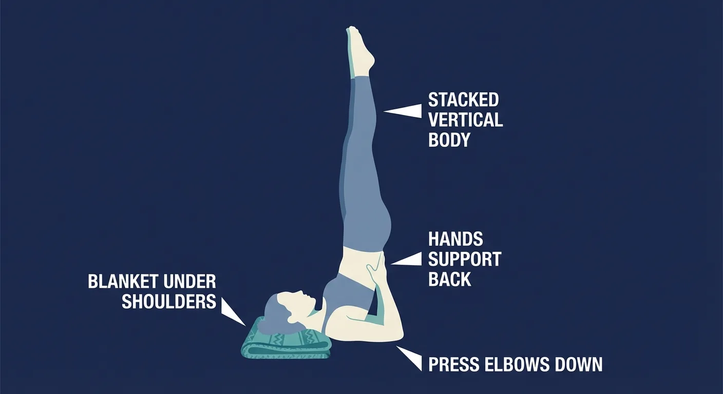 Shoulder stand pose proper form showing a folded blanket under the shoulders, head resting off the blanket, hands supporting the back, elbows pressing down, and legs stacked vertically
