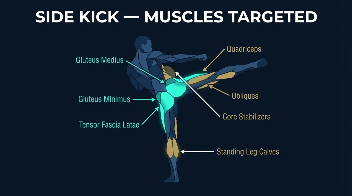 Side kick muscles activated: gluteus medius, gluteus minimus, and tensor fasciae latae as primary hip abductors, with quadriceps, calves, standing-leg glutes, and core stabilizers supporting the movement
