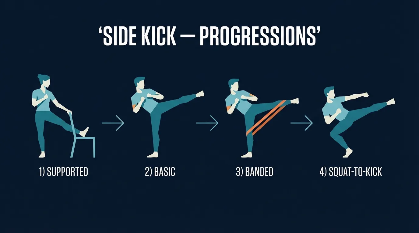 Side kick progressions: supported side kick, low side kick, standard alternating side kick, banded side kick, and squat-to-side-kick conditioning variation