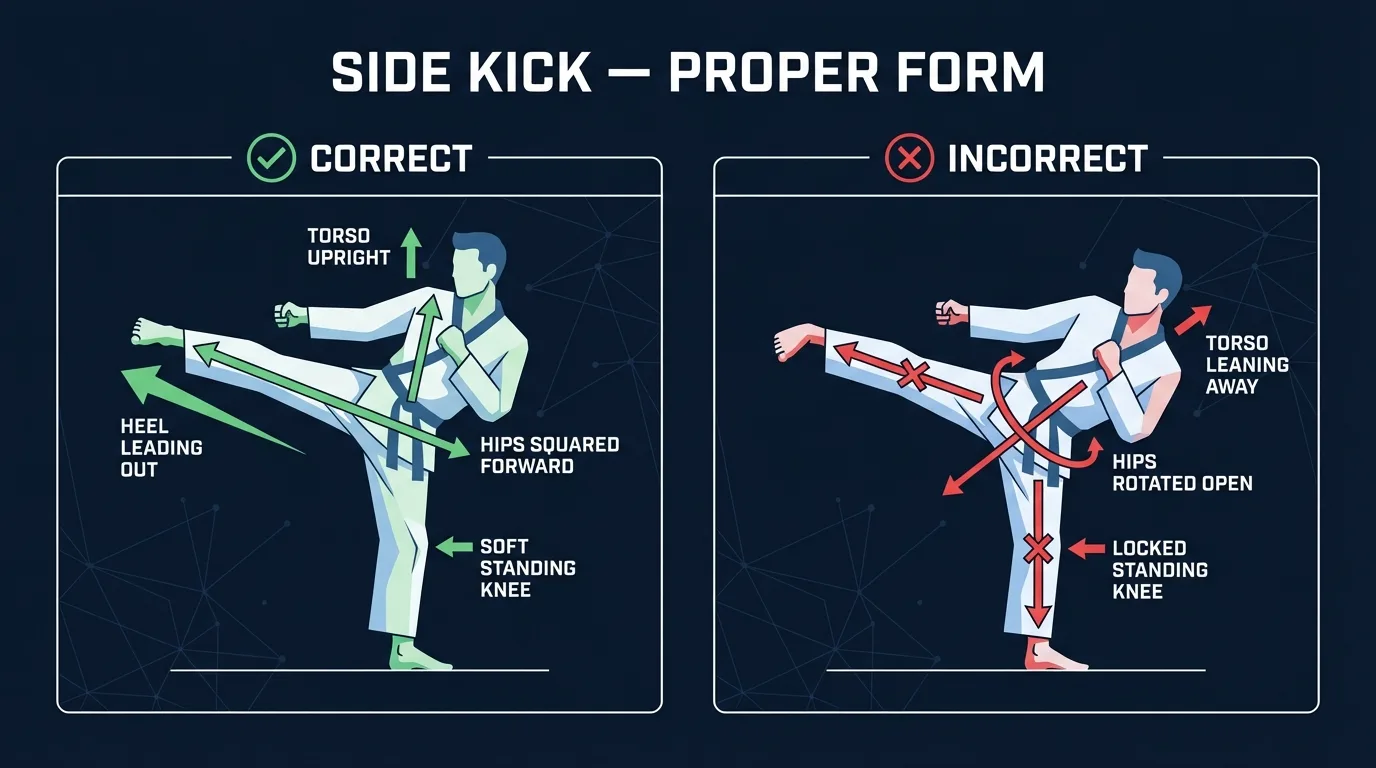 Side kick proper form: upright torso, soft standing knee, heel-led lateral kick, square hips, and controlled return to the floor