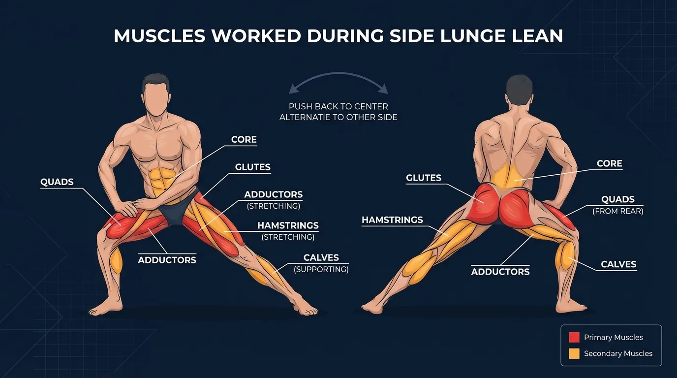 Side lunge lean muscles targeted: gluteus maximus, quadriceps, and hip adductors as primary movers with gluteus medius, hamstrings, calves, and core stabilizers assisting