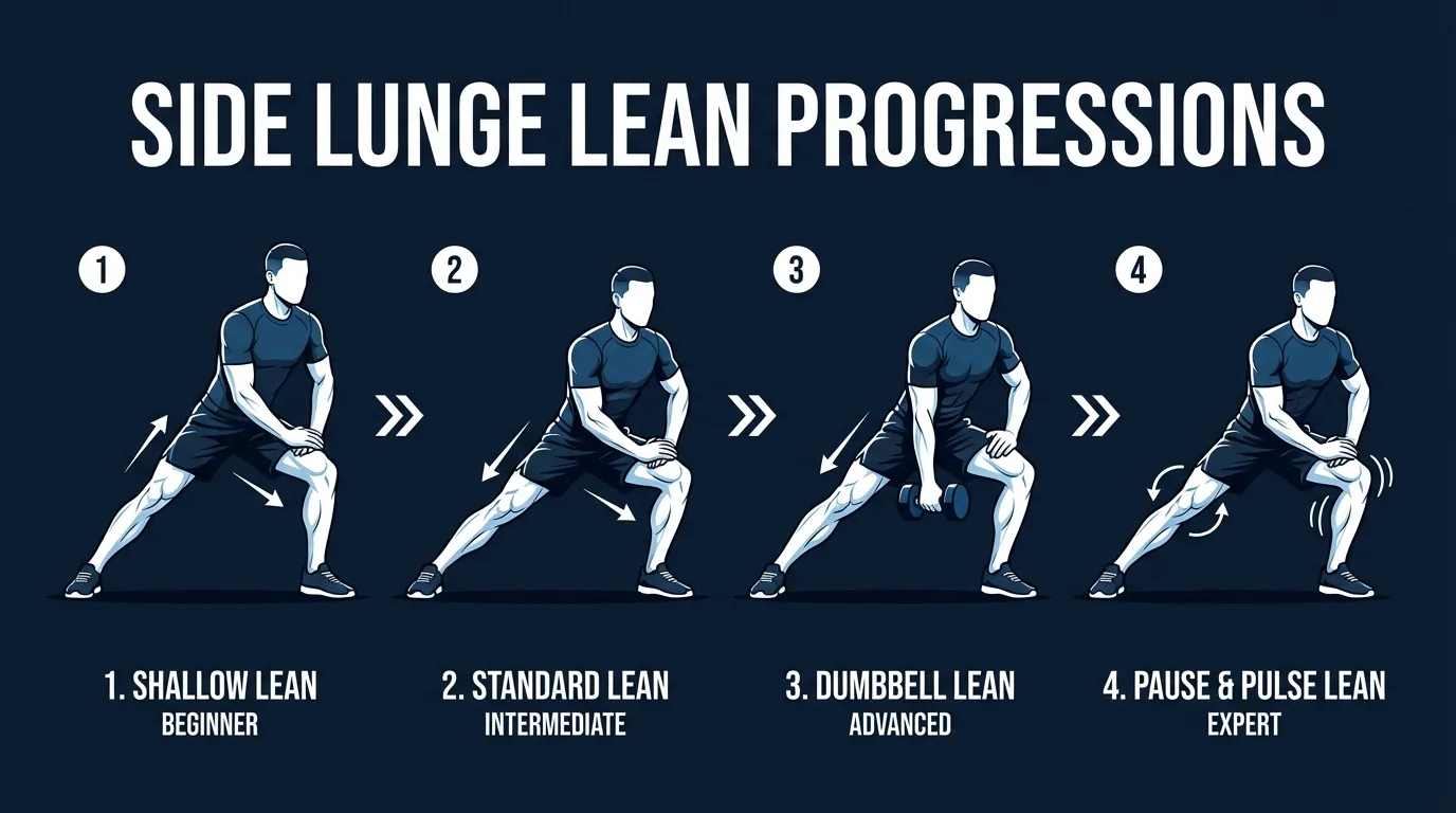 Side lunge lean progression sequence from shallow hands-supported reps to full-depth reps and paused hands-free reps