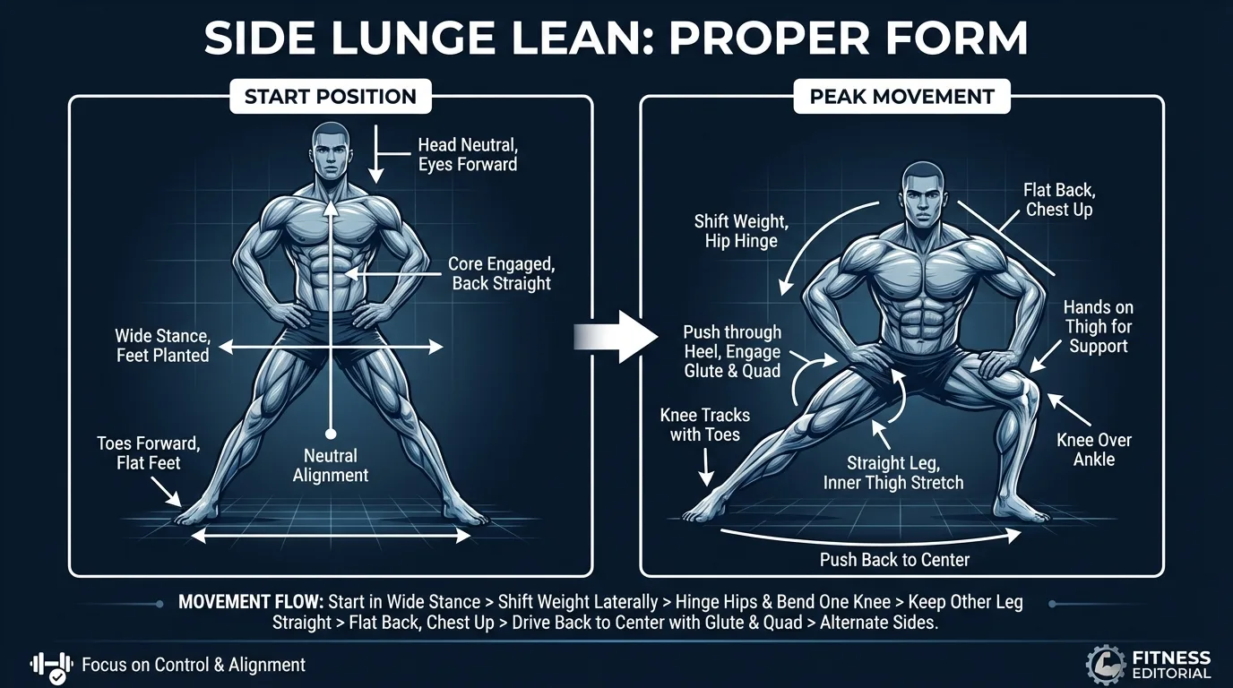 Side lunge lean proper form with a wide planted stance, one knee bent, the opposite leg straight, hands on the working thigh, and both feet flat