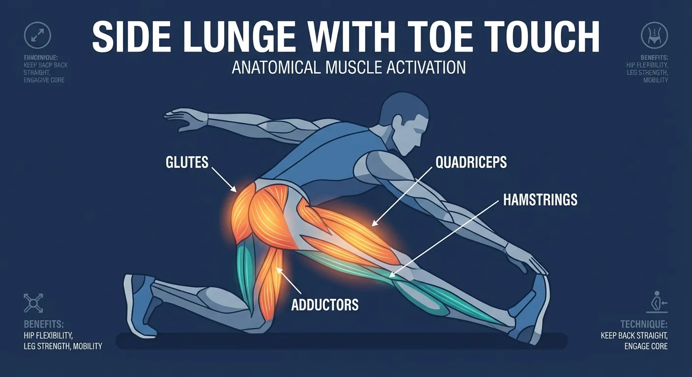 Side lunge toe touch muscles and systems worked: quads, glutes, adductors, hamstrings, obliques, hip stabilizers, and cardiovascular conditioning