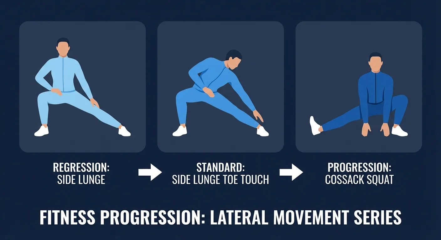 Side lunge toe touch progression path from supported side lunge reach to standard alternating reps and light loaded variation