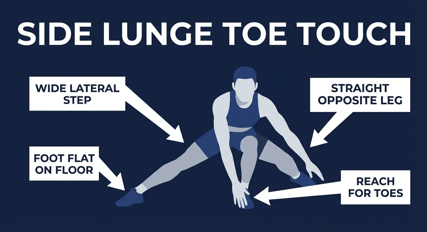 Side lunge toe touch proper form: wide lateral step, bent lunging knee, straight opposite leg, flat feet, and controlled opposite-hand toe reach
