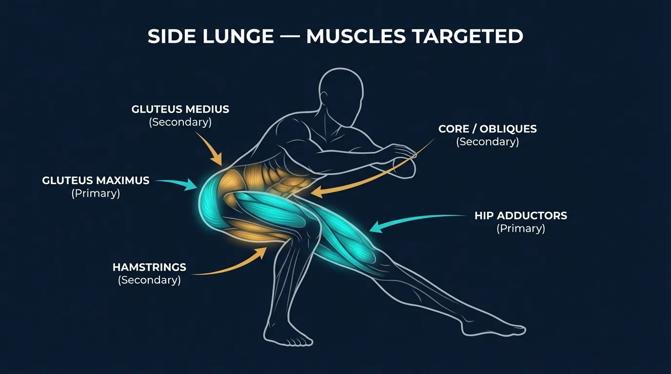 Side lunge muscles worked: gluteus maximus, quadriceps, and hip adductors as primary movers, with gluteus medius, hamstrings, calves, and core stabilizers assisting