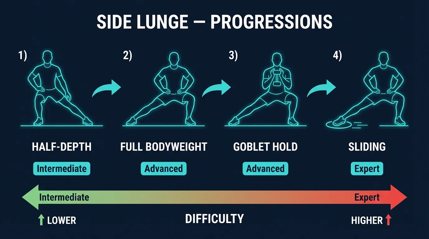Side lunge progressions from supported half-depth reps to standard bodyweight side lunges, goblet side lunges, and sliding side lunges