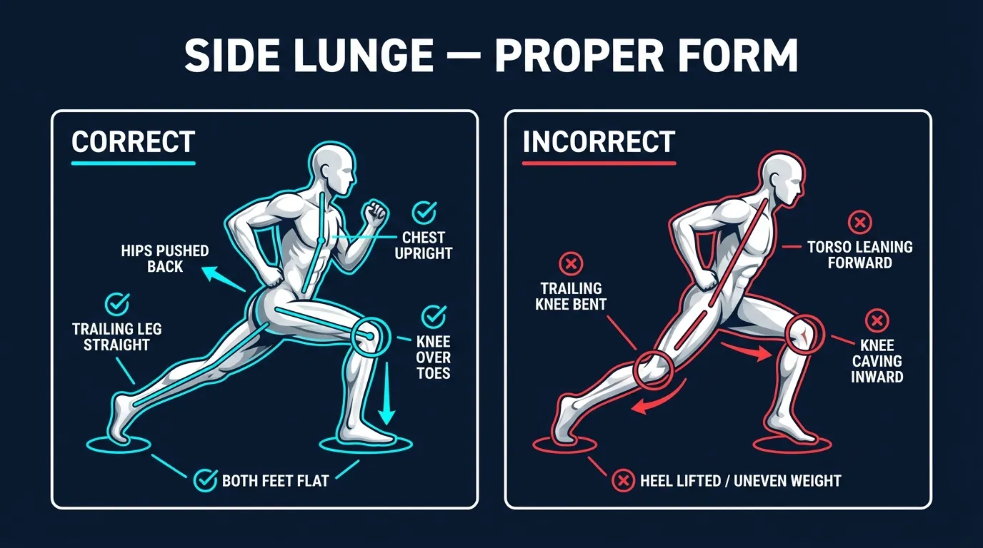 Side lunge proper form showing a wide lateral step, hips pushed back, working knee tracking over toes, trailing leg straight, and chest upright