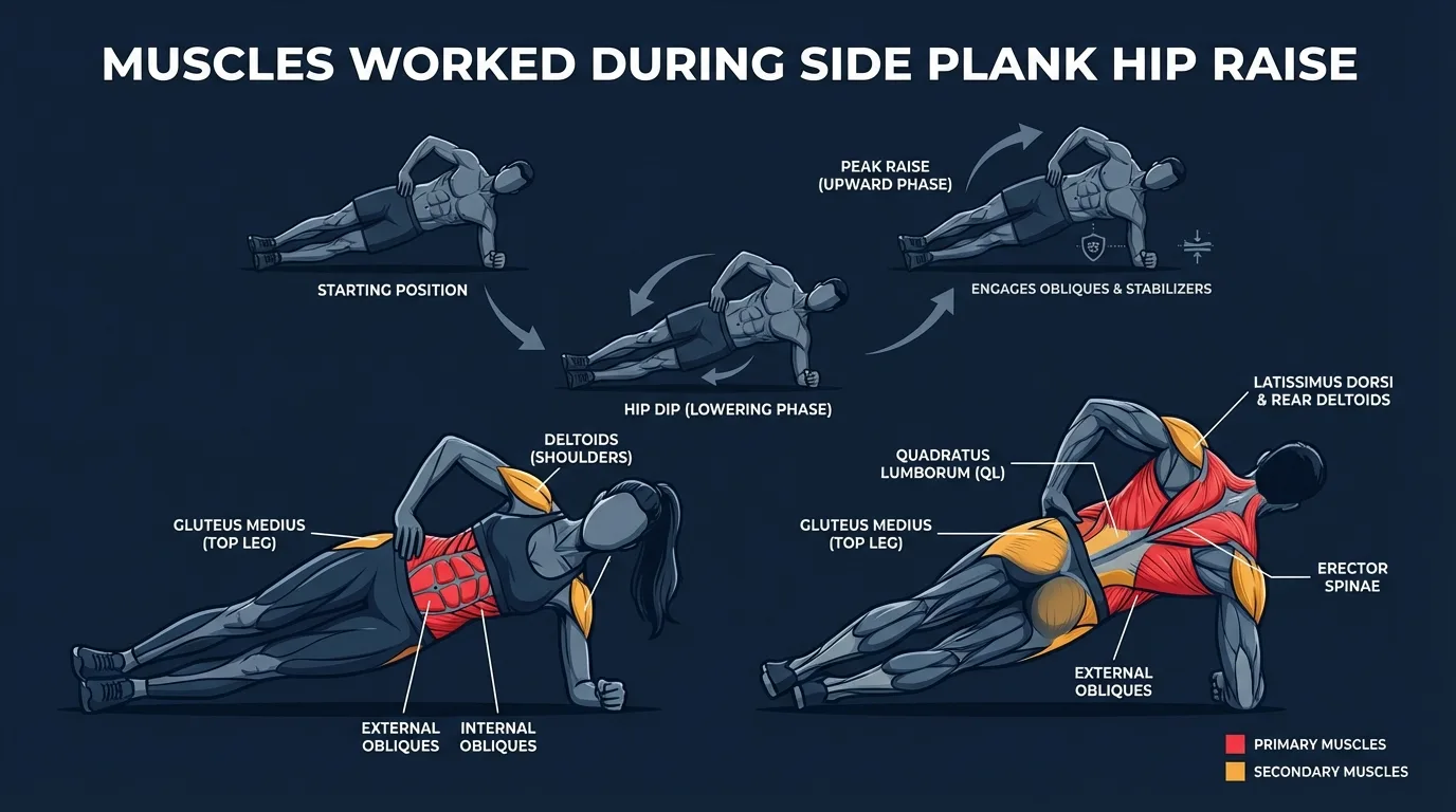 Side plank raise muscles worked: obliques, quadratus lumborum, and gluteus medius as primary targets with the shoulder and deep core stabilizing