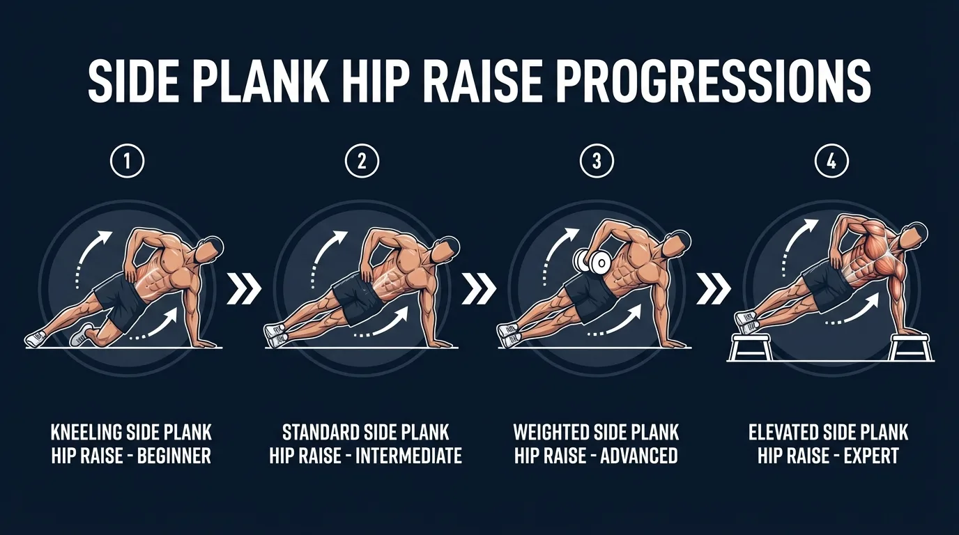 Side plank raise progressions from knee-supported regression to standard raise and weighted variation