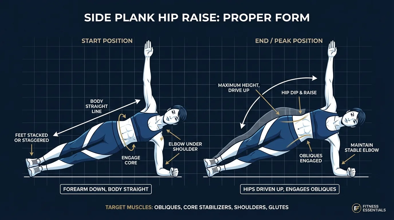 Side plank raise proper form: elbow under shoulder, ribs stacked over pelvis, hips lowering and lifting without torso rotation