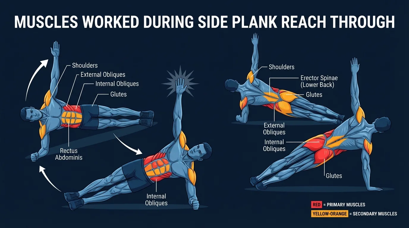 Side plank reach through muscles worked: obliques, transverse abdominis, gluteus medius, serratus anterior, shoulder stabilizers, and thoracic rotators