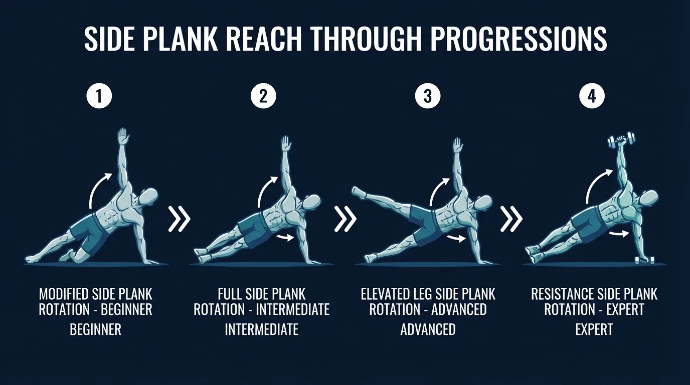 Side plank reach through progressions: knee-supported reach through, standard reach through, paused reach through, and light loaded reach through