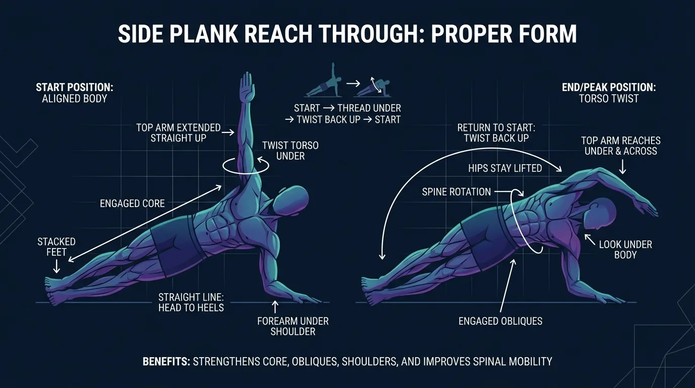 Side plank reach through proper form: forearm under shoulder, hips lifted, top arm threading under the body, and torso rotating with control
