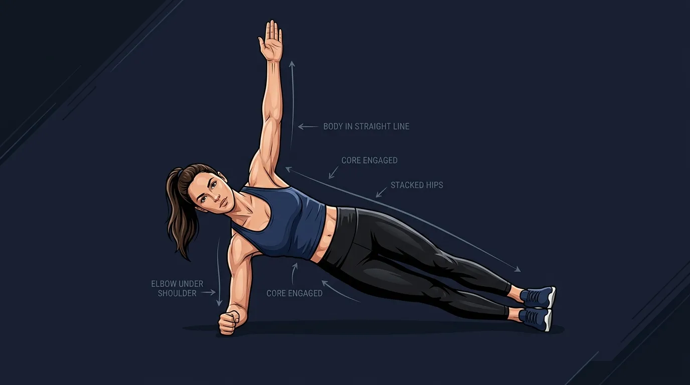 Side plank proper form: elbow under shoulder, hips lifted, body in a straight line, ribs and pelvis stacked