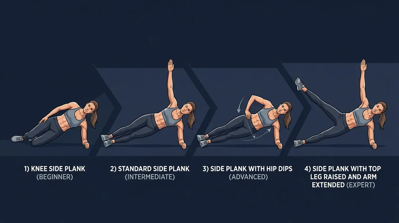Side plank progression from knee-supported hold to standard side plank, side plank raise, and reach-through variation