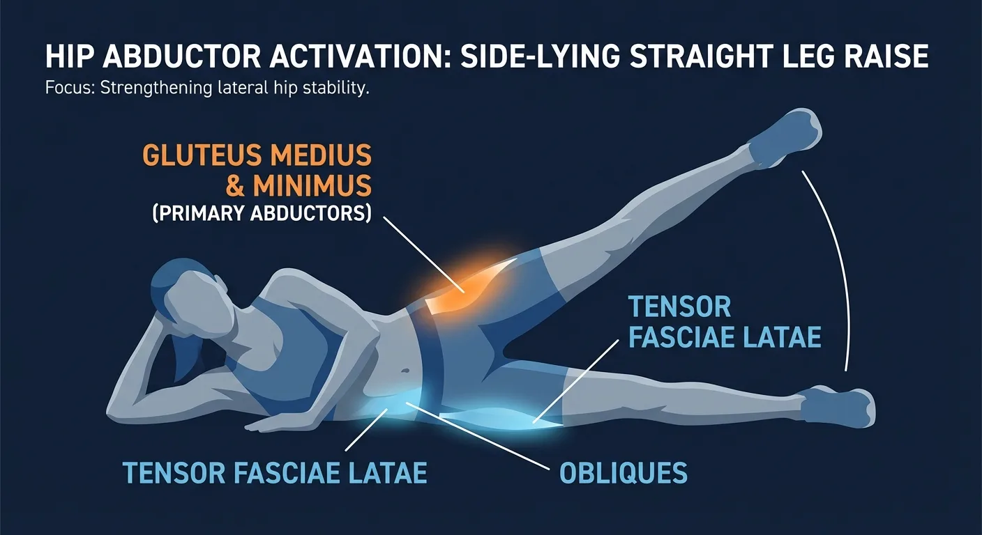 Sideways flutter muscles worked: gluteus medius, gluteus minimus, tensor fasciae latae, obliques, and deep core stabilizers during side-lying hip abduction