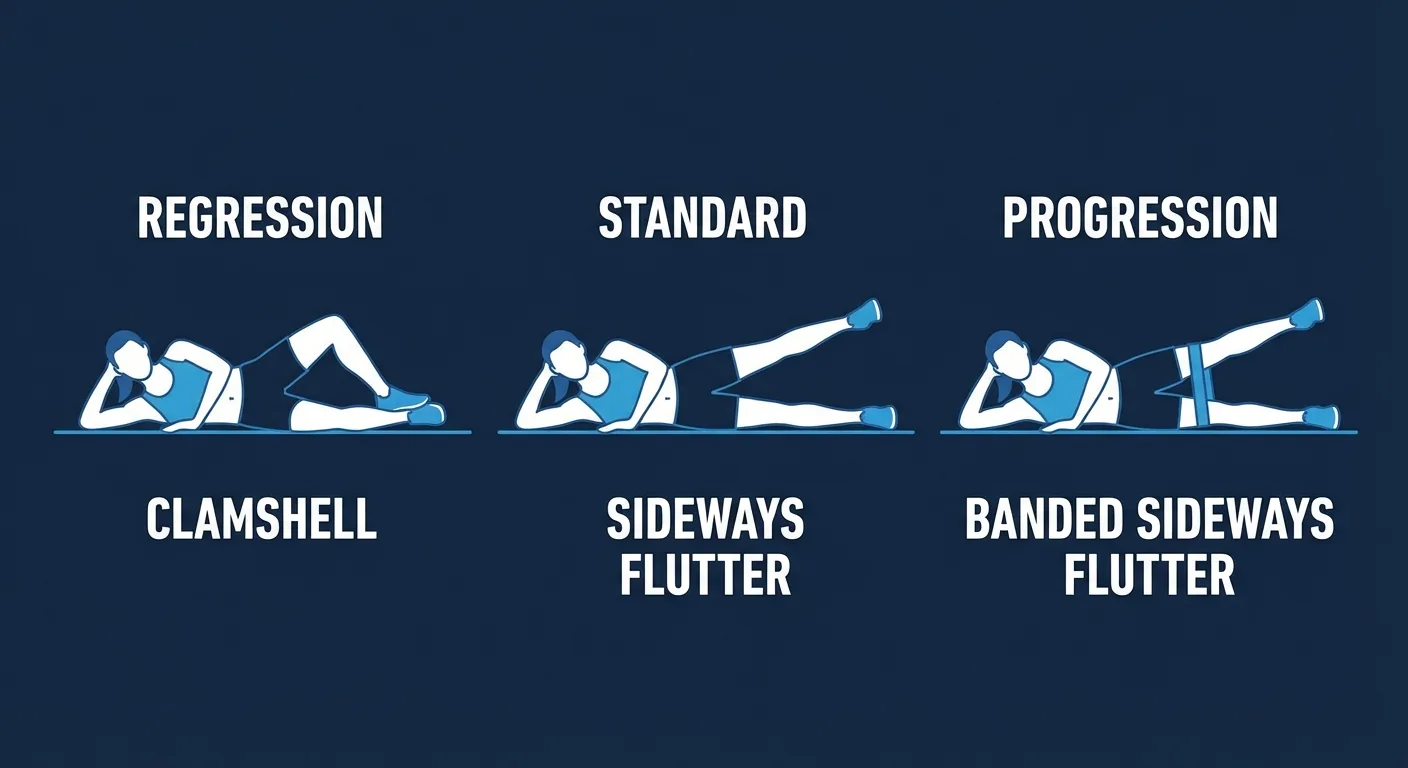 Sideways flutter variations showing bent-knee regression, standard straight-leg version, and banded progression