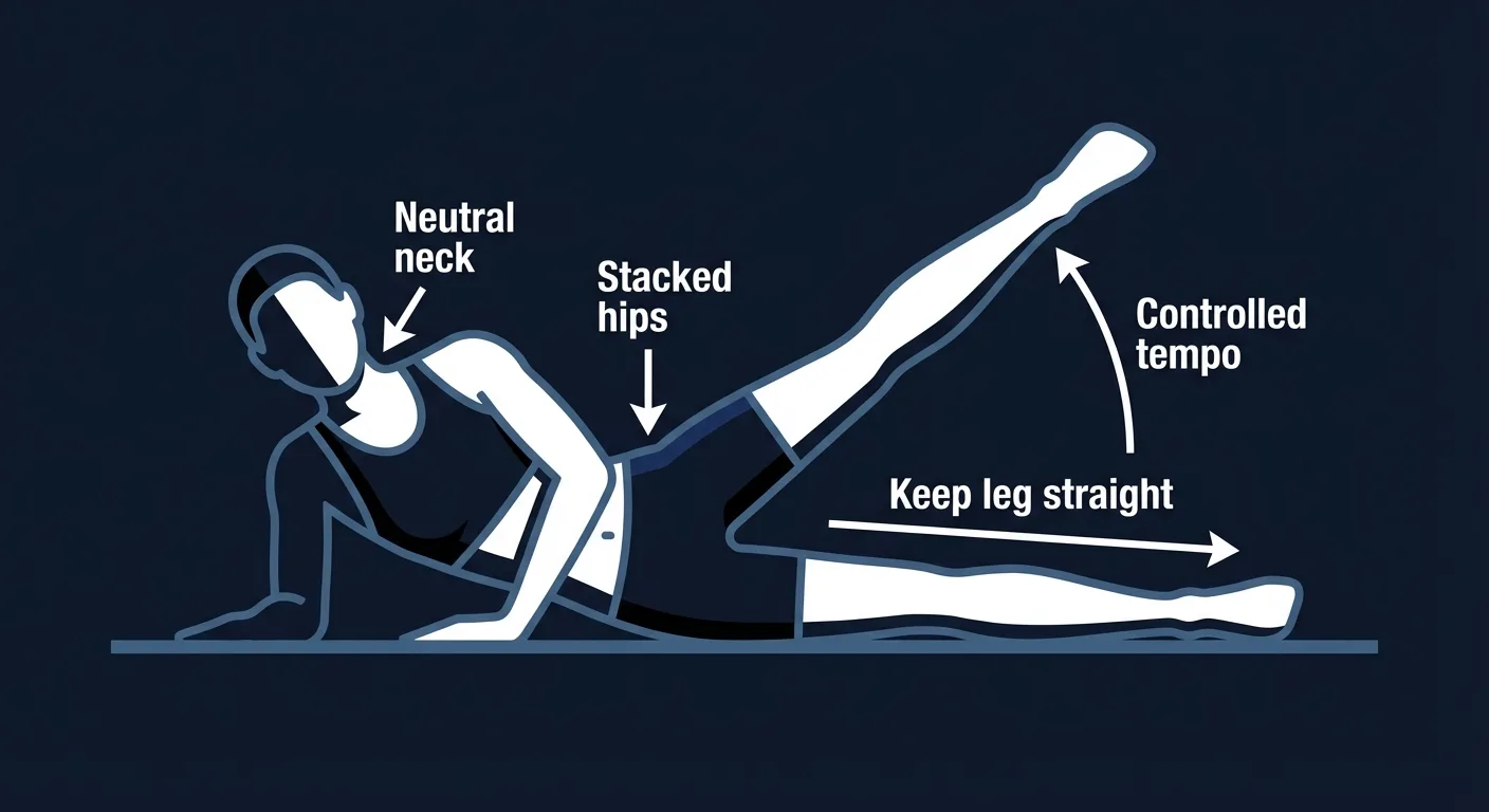 Sideways flutter proper form showing stacked hips, straight top leg, neutral neck, and controlled side-lying leg movement