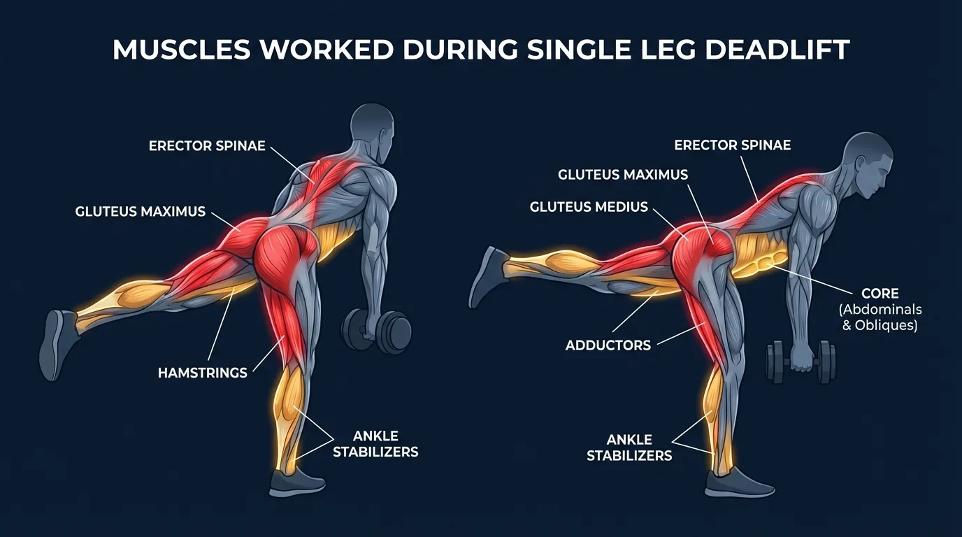 Single leg deadlift muscles targeted: hamstrings and gluteus maximus as primary movers, with gluteus medius, core, calves, and foot stabilizers controlling balance