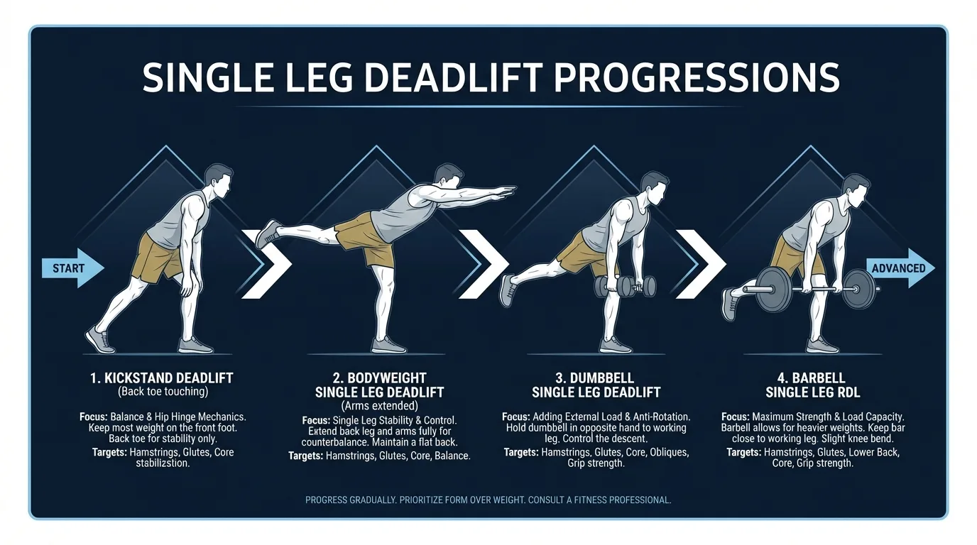 Single leg deadlift progressions: wall-supported hinge, kickstand hinge, bodyweight single leg deadlift, and loaded dumbbell single leg deadlift